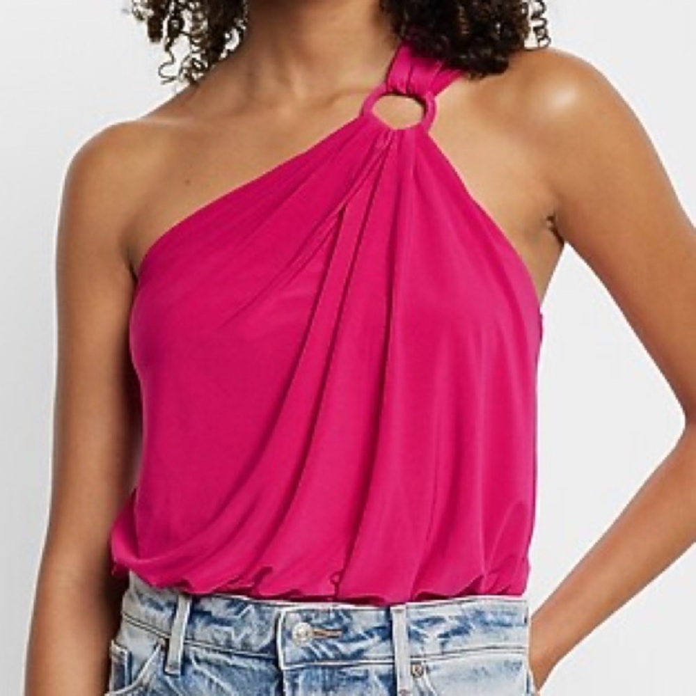 Express Women S Hot Pink Skimming One Shoulder O-Ring Thong Bodysuit NWT